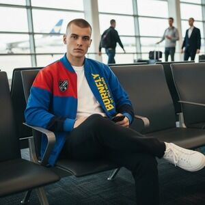 Born Fly Men's Colorblock Track Jacket‎ Blue Red Full Zip Fly United Large EUC
